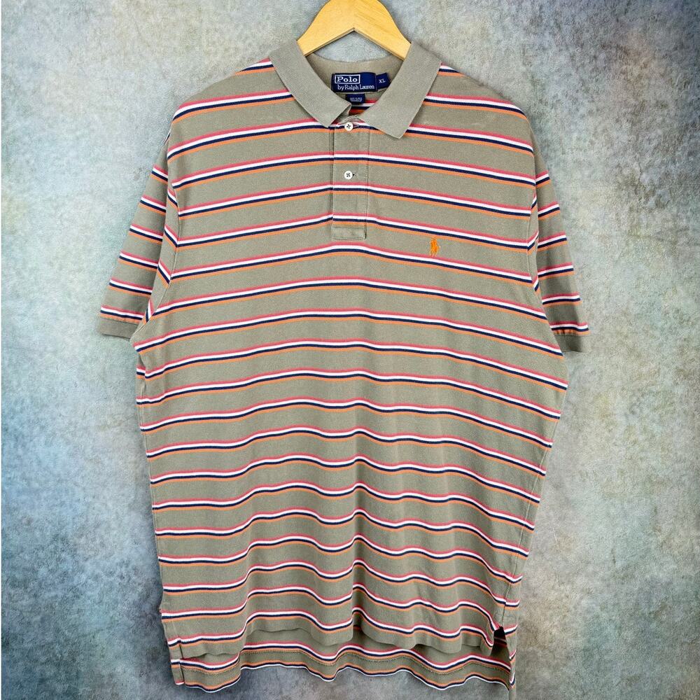 VTG 90s Polo Ralph Lauren Polo Shirt Mens Sz XL Striped Tan Colors Retro
